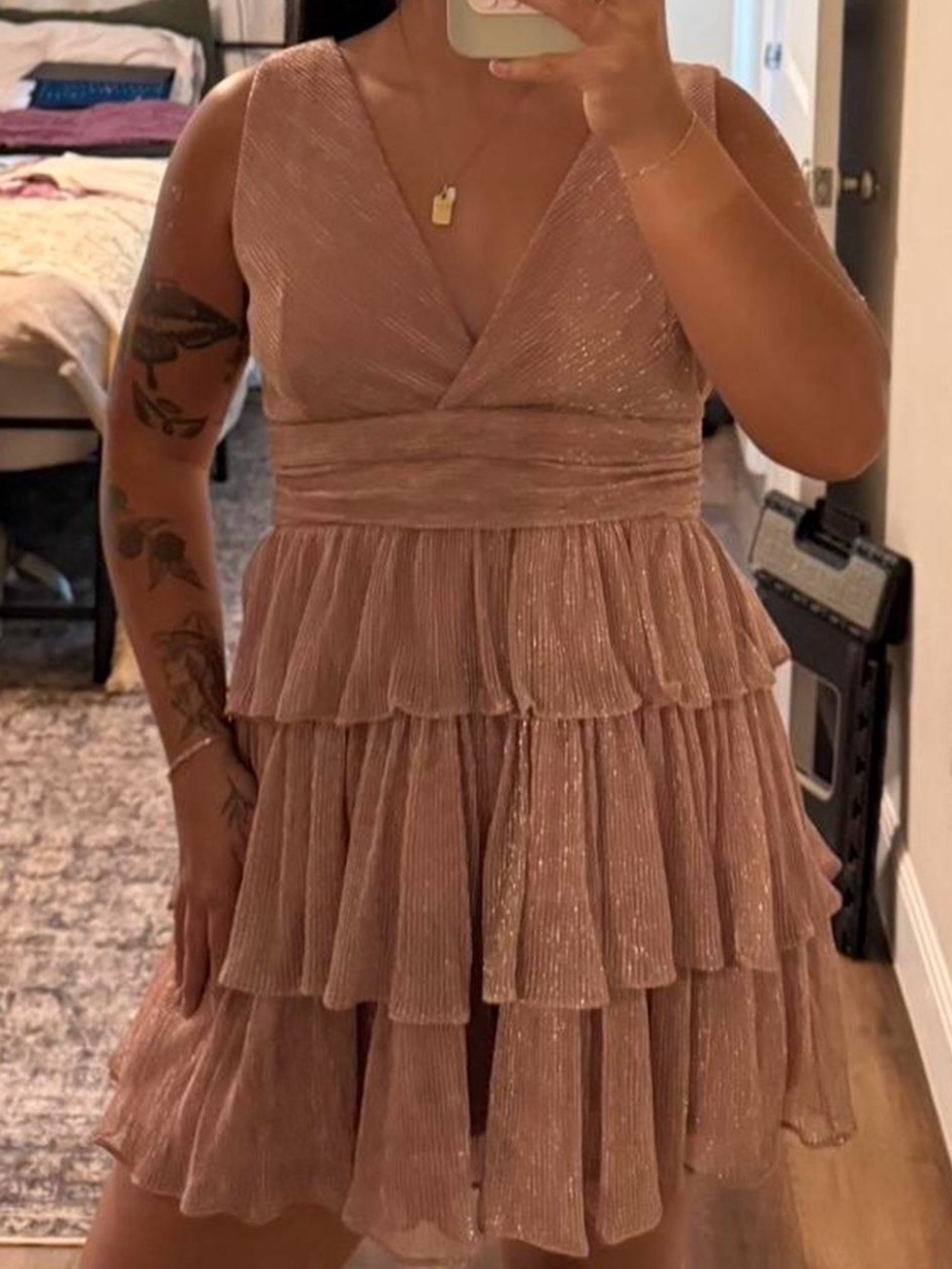 Altar'd State pink dress with a flowy skirt and ruffle details